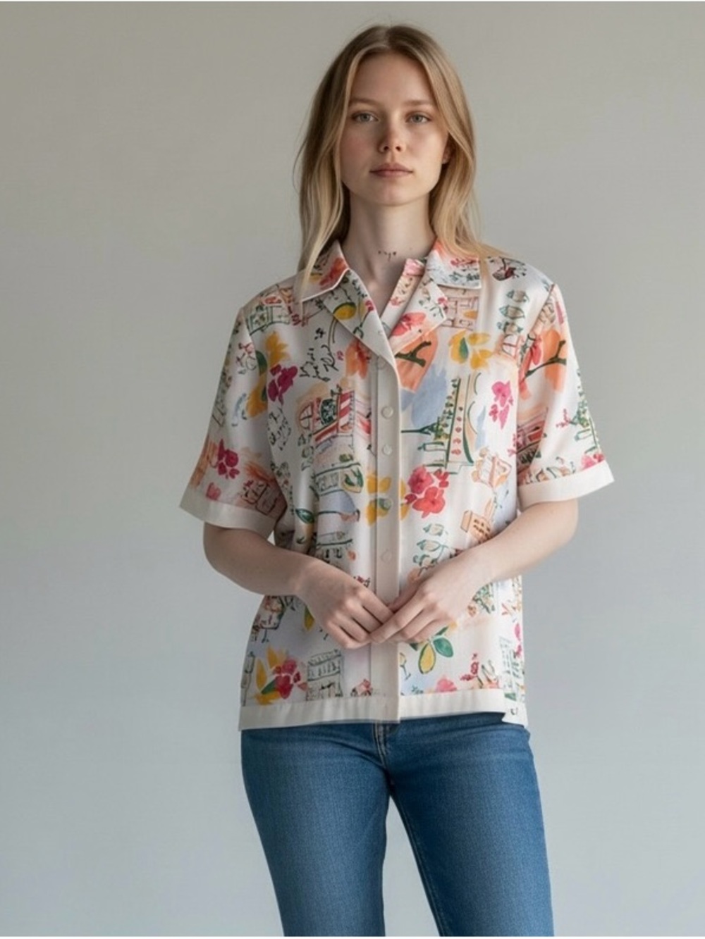 Karl Lagerfeld White Button-Down Floral Print Short Sleeve Top